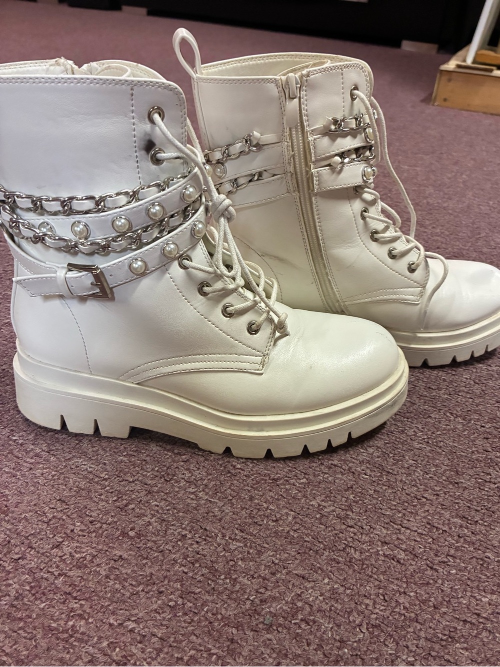 Dream Pairs White Pearl & Chain Lace-Up Combat Boots